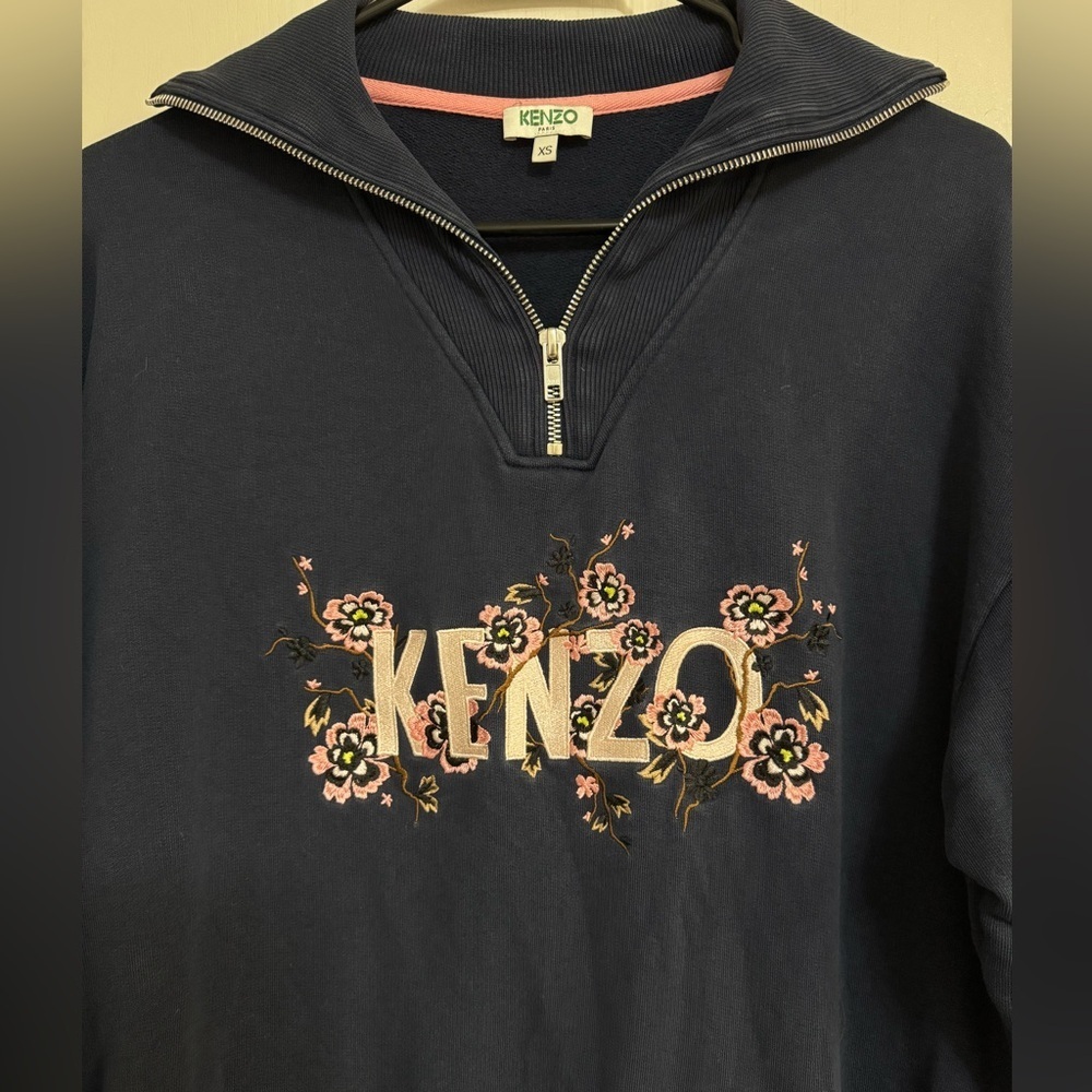 KENZO Paris Floral Embroidered Half Zip Sweatshirt Navy Blue Women’s XS - Picture 4 of 9